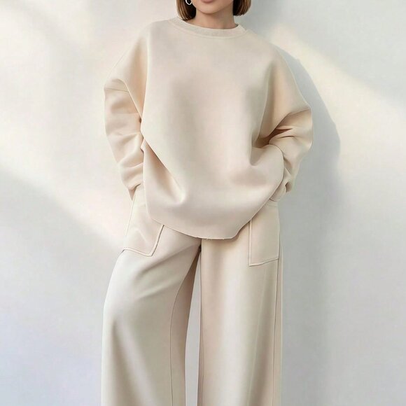 Khaki Casual Women's Plus Size Round Neck Top And Pants Set - Picture 1 of 3